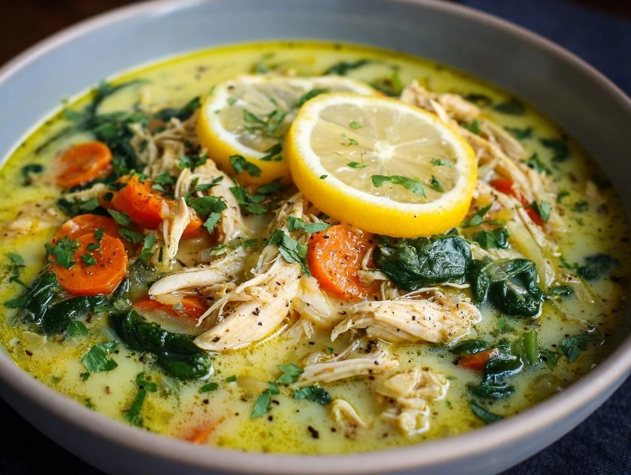 Anti-Inflammatory Creamy Chicken Soup 1 A rustic bowl of Anti-Inflammatory Creamy Chicken Soup on a wooden table.