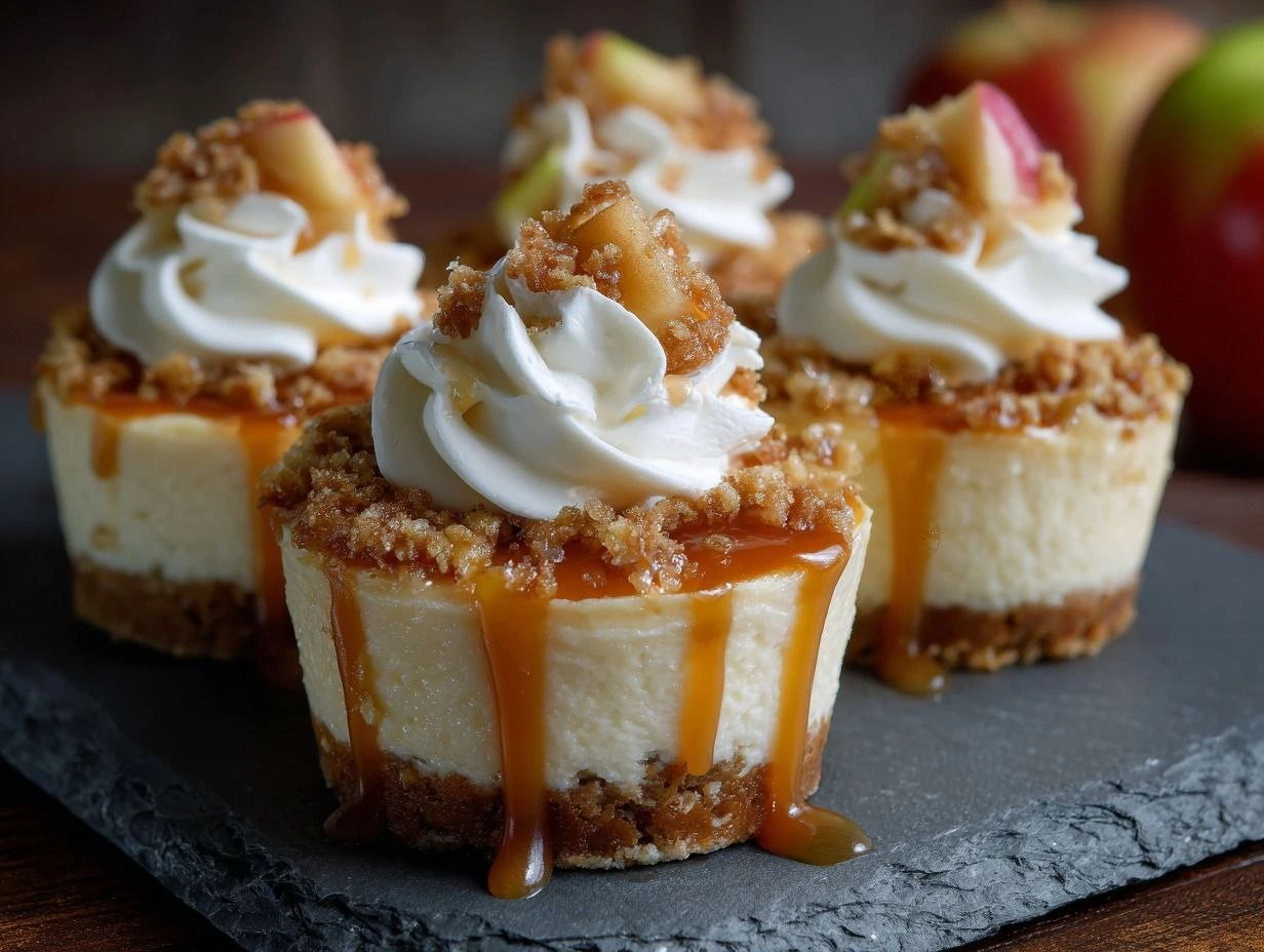 A wooden board filled with Apple Crisp Mini Cheesecakes garnished with caramel.
