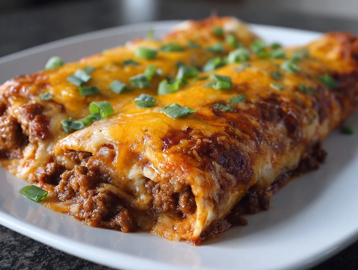 A close-up of Cheesy Ground Beef Enchiladas topped with fresh cilantro and sour cream.