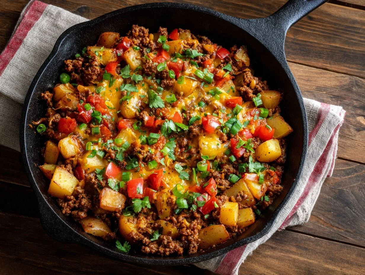 Mexican Ground Beef and Potato Skillet 1 A cast iron skillet filled with Mexican ground beef, crispy potatoes, and melted cheese.
