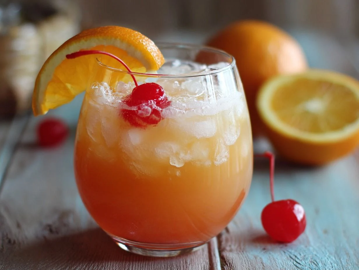 A vibrant orange Amaretto Island Punch cocktail garnished with a maraschino cherry and pineapple wedge in a hurricane glass.