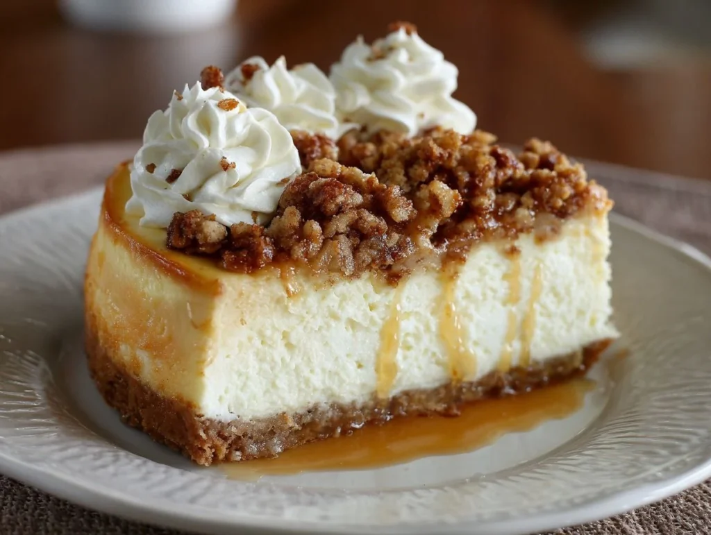 Best Apple Crisp Cheesecake Recipe 2 Sliced Best Apple Crisp Cheesecake Recipe featuring a thick cinnamon oat crumble and caramel drizzle.