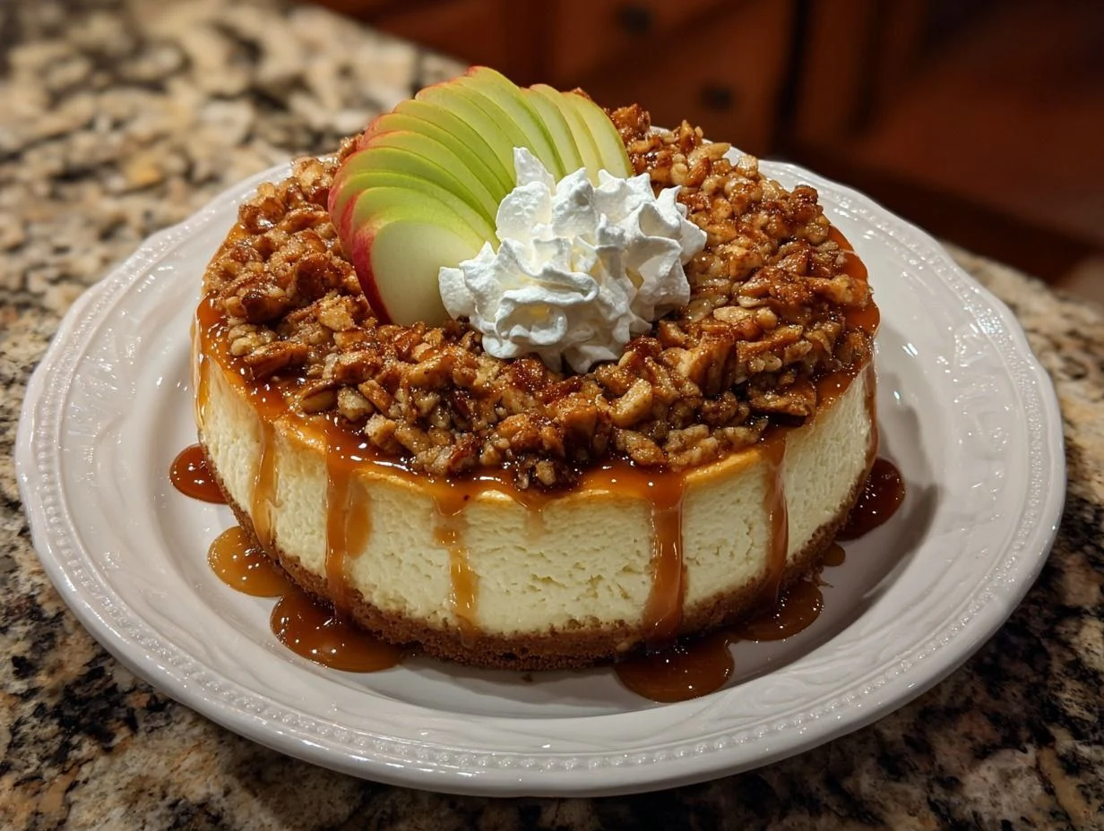 Best Apple Crisp Cheesecake Recipe 1 Sliced Best Apple Crisp Cheesecake Recipe featuring a thick cinnamon oat crumble and caramel drizzle.