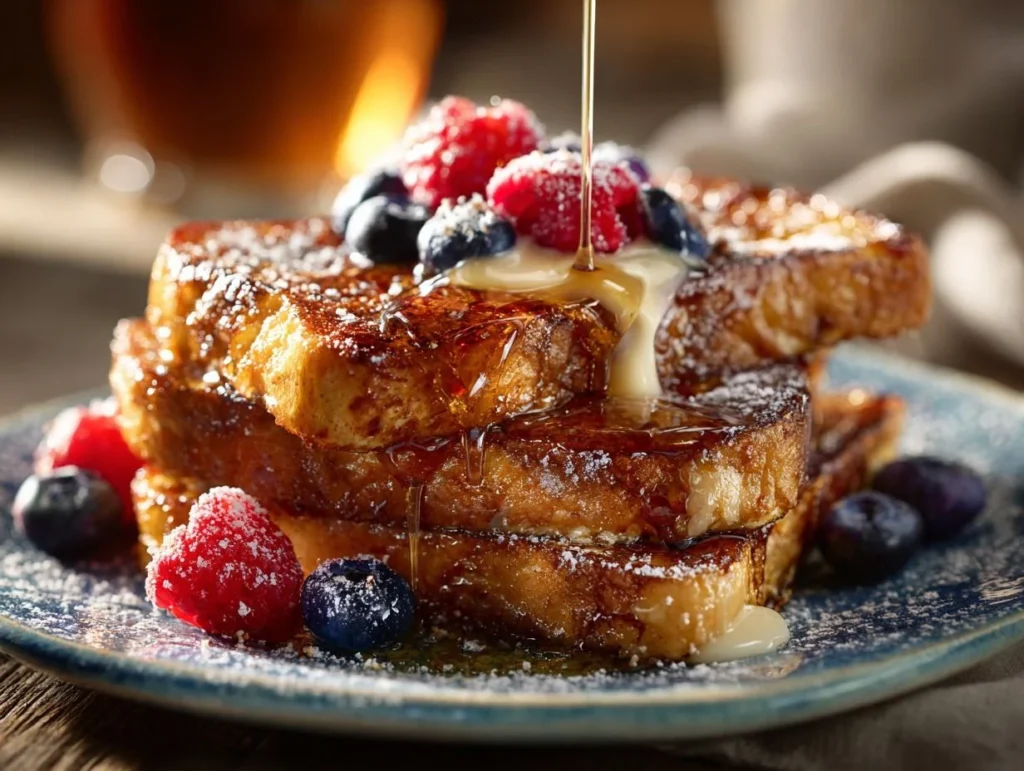 Best Crème Brûlée French Toast 2 Close-up of Best Crème Brûlée French Toast with a cracked caramelized sugar topping and fresh berries.