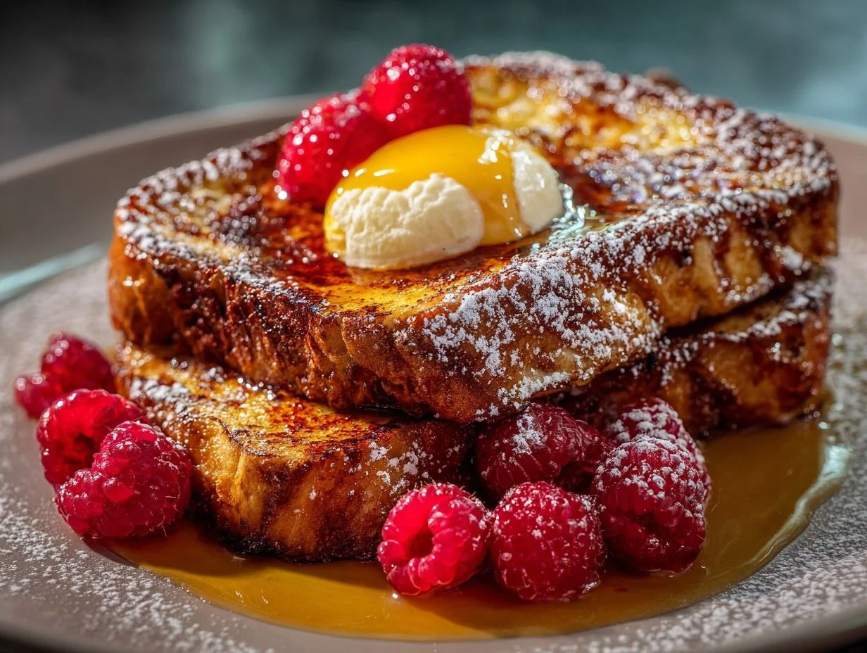 Best Crème Brûlée French Toast 1 Close-up of Best Crème Brûlée French Toast with a cracked caramelized sugar topping and fresh berries.