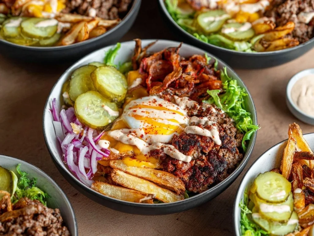 Sizzling beef Burger Bowls with fresh toppings in a ceramic bowl