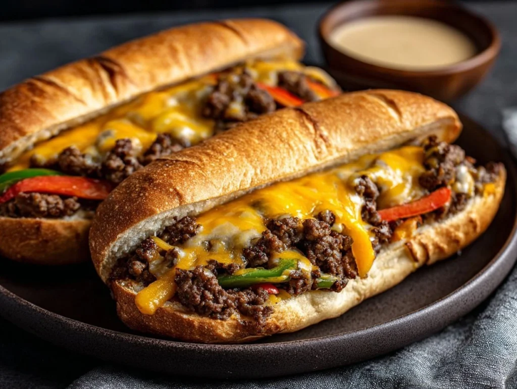 Ground Beef Philly Cheesesteaks 2 Juicy Ground Beef Philly Cheesesteaks loaded with melted cheese and fresh toppings