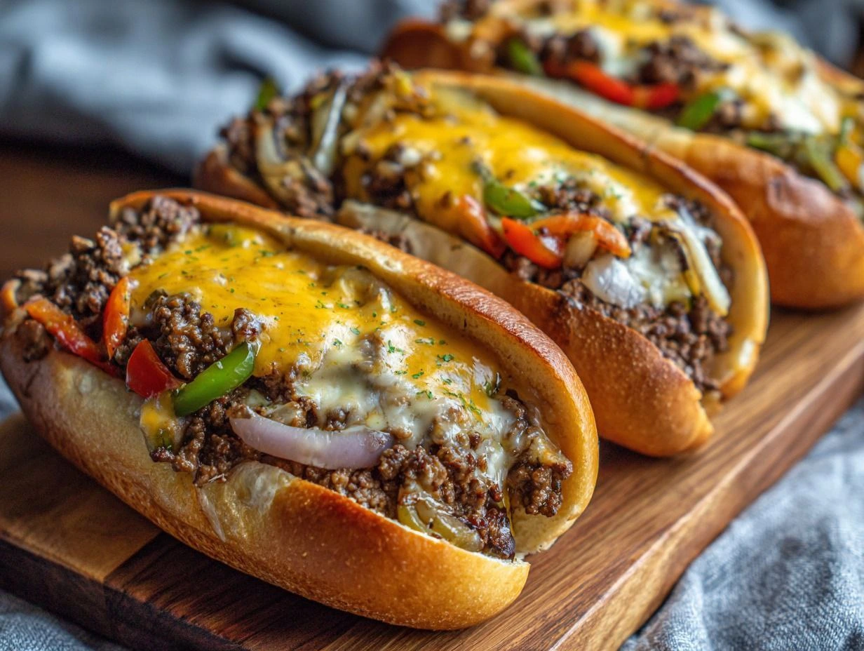 Juicy Ground Beef Philly Cheesesteaks loaded with melted cheese and fresh toppings
