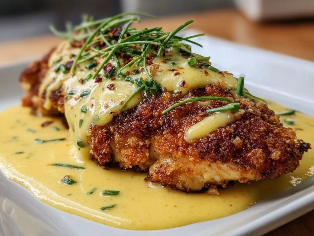 Pretzel Chicken with Mustard-Cheddar Sauce 2 Crispy Pretzel Chicken with Mustard-Cheddar Sauce, golden and flavorful