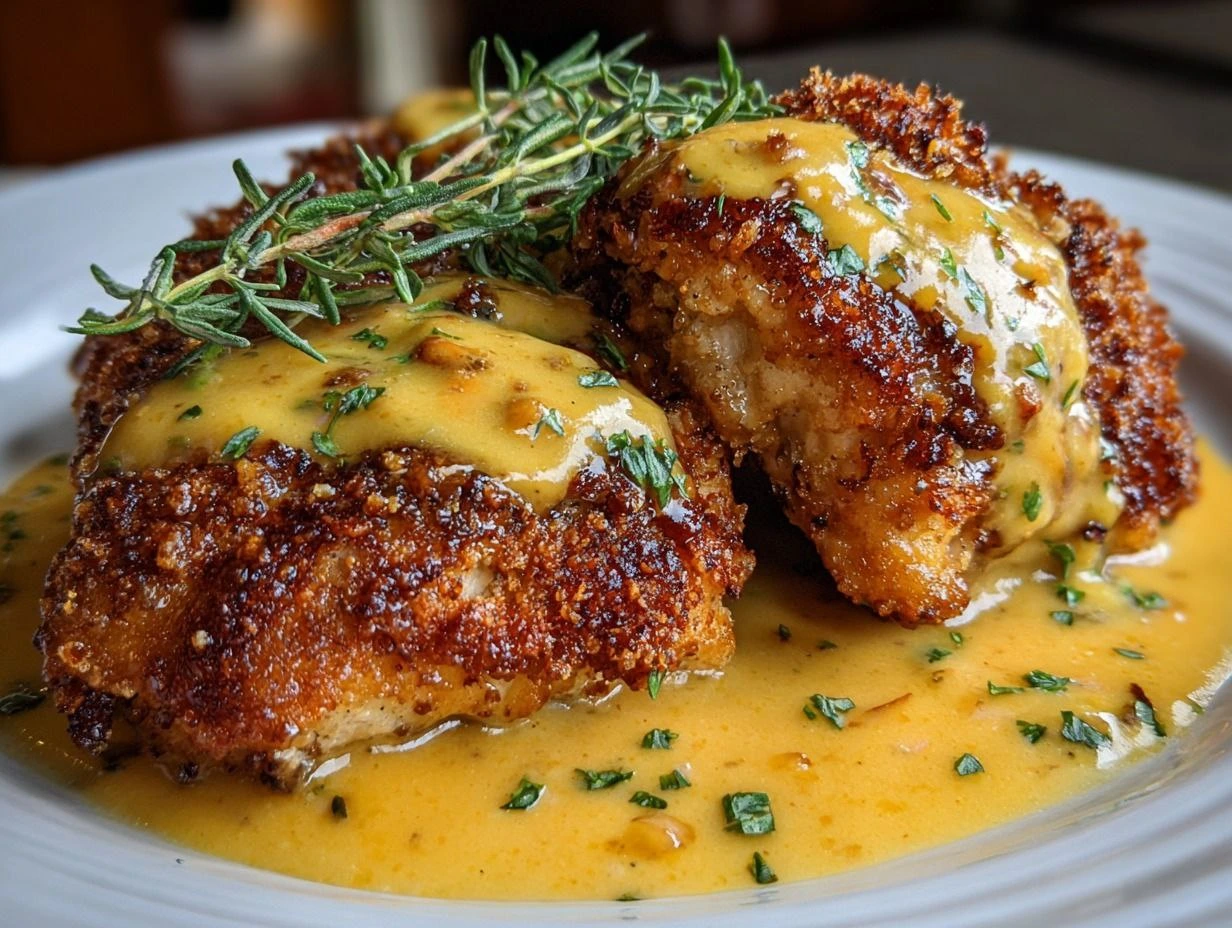Crispy Pretzel Chicken with Mustard-Cheddar Sauce, golden and flavorful