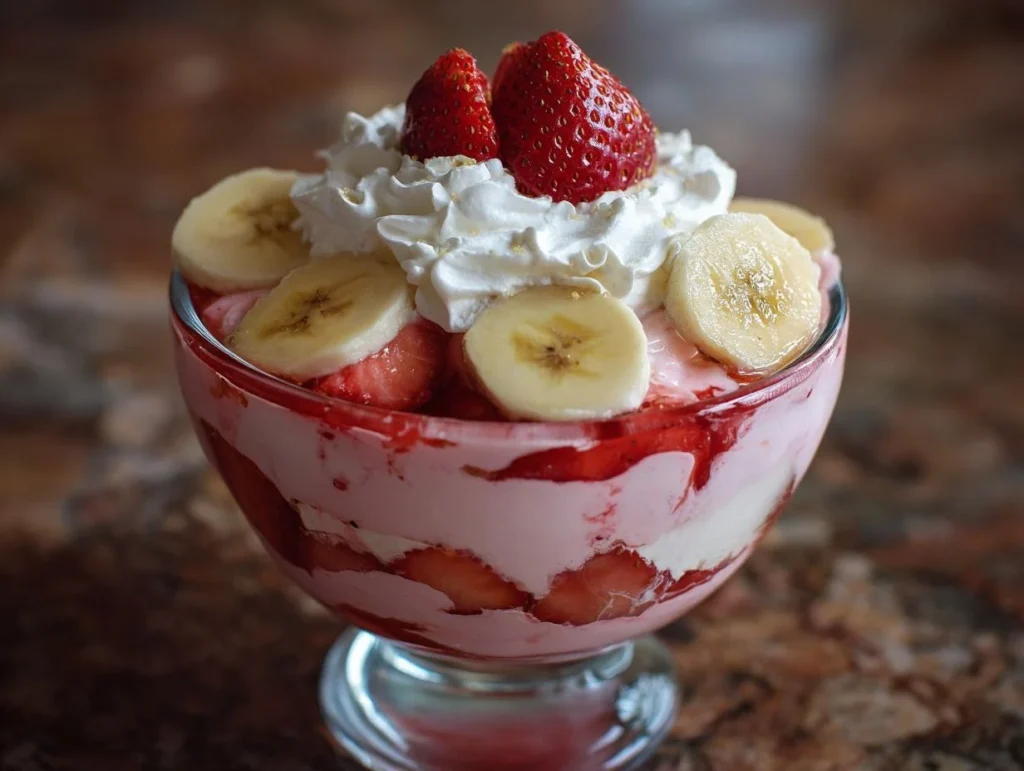 Best Strawberry Banana Pudding 2 Four layers of Best Strawberry Banana Pudding in a glass bowl with fresh fruit and wafers.