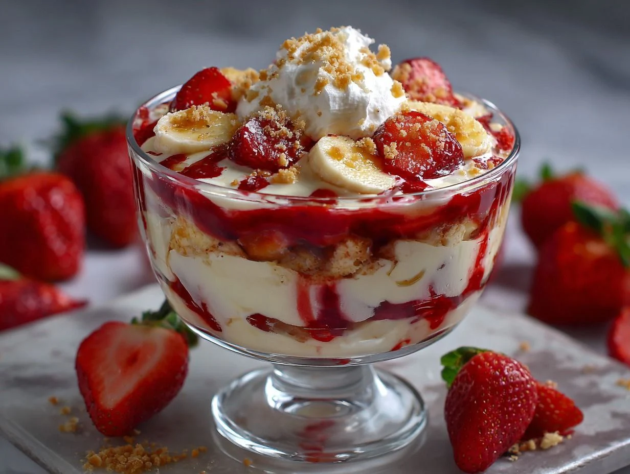 Four layers of Best Strawberry Banana Pudding in a glass bowl with fresh fruit and wafers.