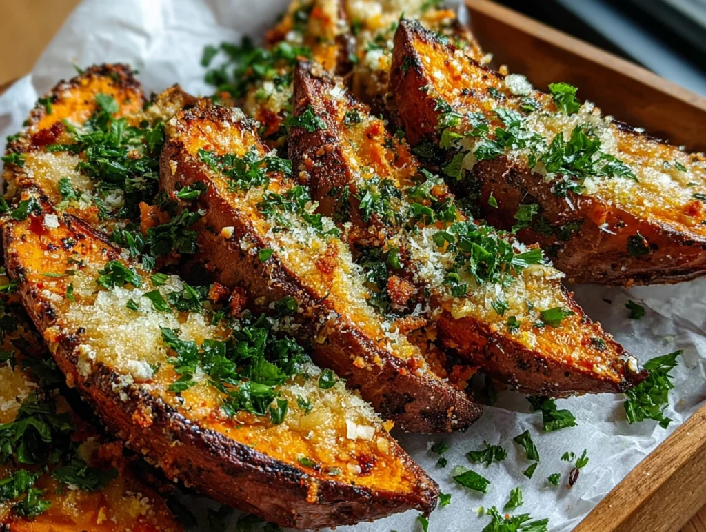 Garlic Parmesan Sweet Potato Wedges